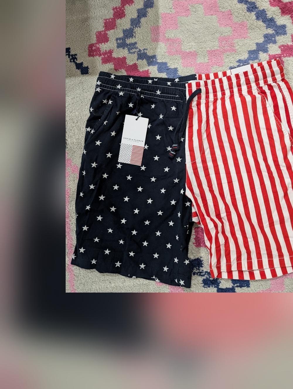 NWT Denim & Flower American Flag Print Navy and White Stars Men's Shorts Size L